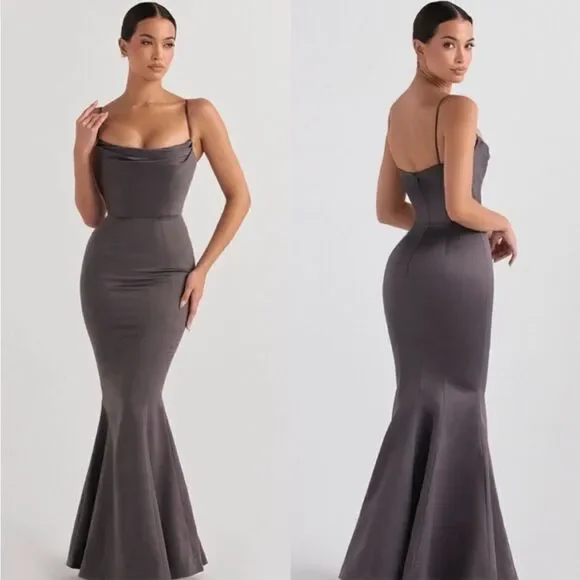 NWT House of CB 'Violette' Shadow Grey Satin Fishtail Maxi Gown XS